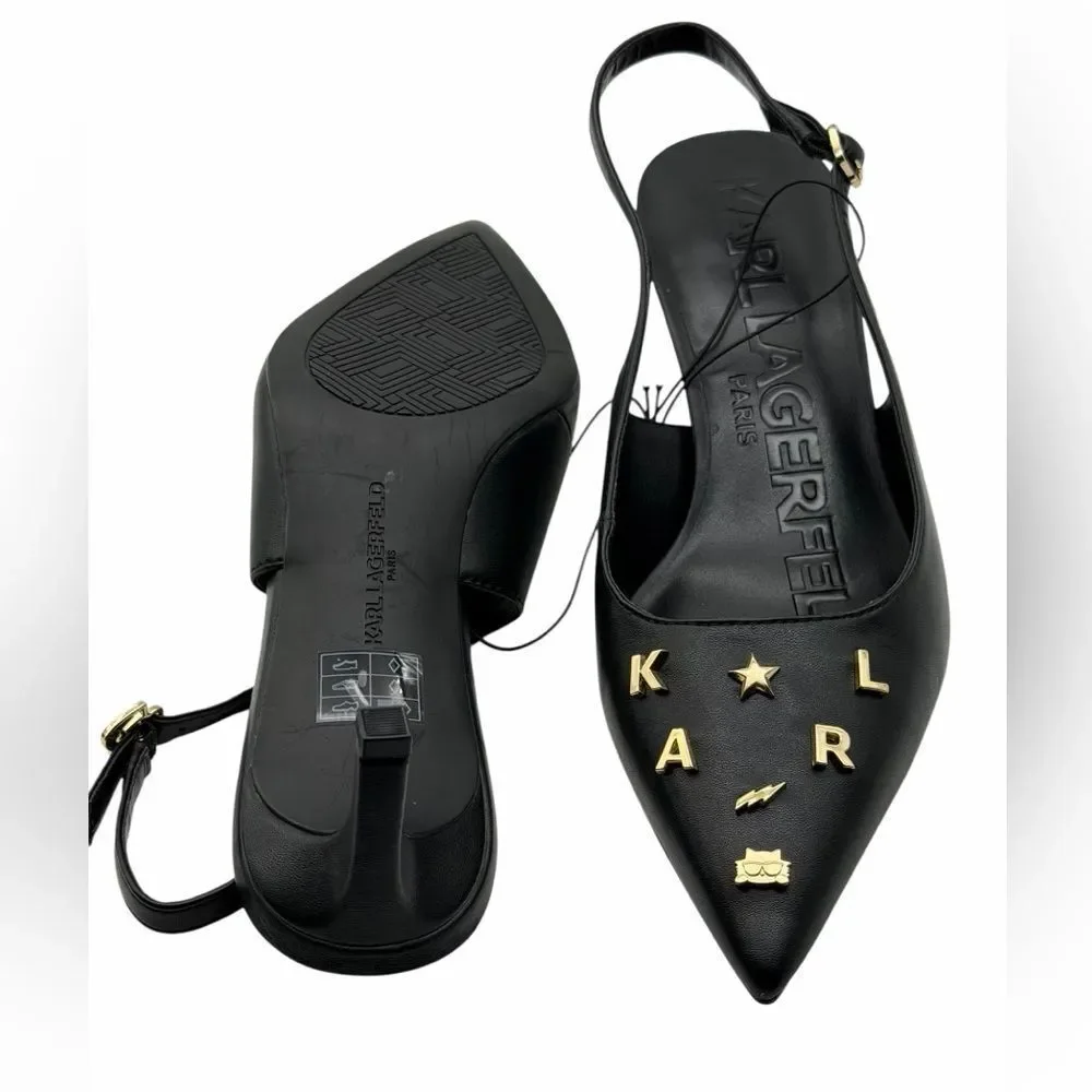 Karl Lagerfeld Paris Black Pointed Slingback Heels with Gold Logo Studs 8,5M